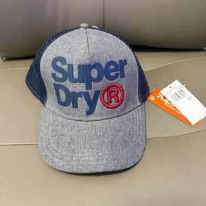 BNWT REAL SUPERDRY TRUCKER HAT STRAPBACK BLUE & GRAY JAPAN SPELL OUT LOGO OSFA